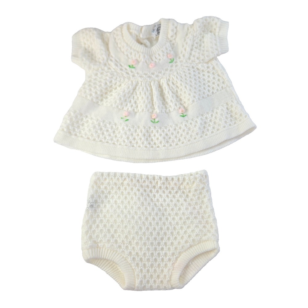 Vintage Baby Girl 12 Month Knitted Sweater Pantie Set White Acrylic K-Mart 1980s
